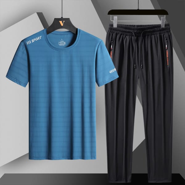 Ice Silk T-shirt Pants Two Piece Set for Casual Sports Summer Men's Fat Plus Crop Tank Top Breathable and Quick Drying