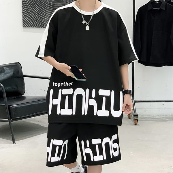 Oversized Loose Jogging Waffle Casual Suit Men Loose Korean Short-sleeve tshirt + Sports Shorts Summer Men Letter Print 2pcs Set
