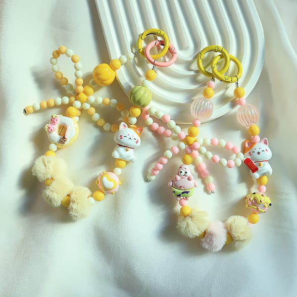 2024 Spring New Green Theme Bag Accessory Colroful Beaded Phone Strap For Women Beaded Bow Pompom Charm Keychain Accessory