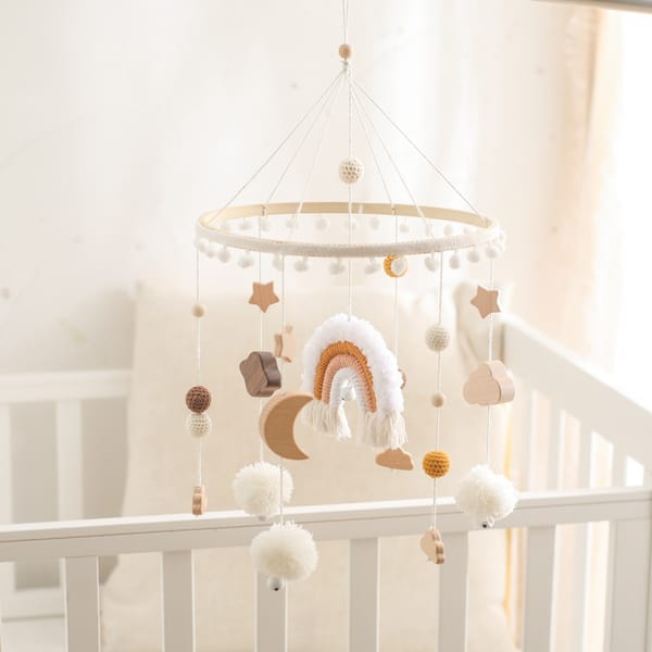 Baby Rattle Toys 0-12Months Wooden Crib Mobile Bed Bell Soft Felt Rainbow Clouds Hanging Bed Bell Mobile Crib Bracket Baby Gifts