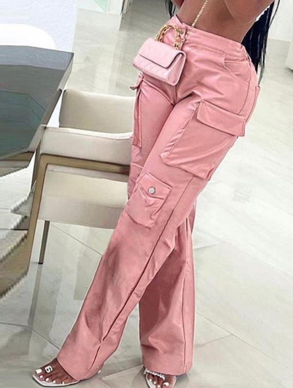 2023 New Fashion Women's Pants Elegant Straight Leg Pocket Design Pu Leather Pants Female Trouser Casual Bottom Female Clothing