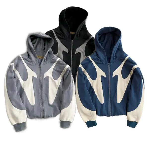High Quality Fabric Splicing Y2K Zip Up Hoodie Mens Womens Oversized Retro Hooded Streetwear Casual Harajuku Sweatshirt Jacket