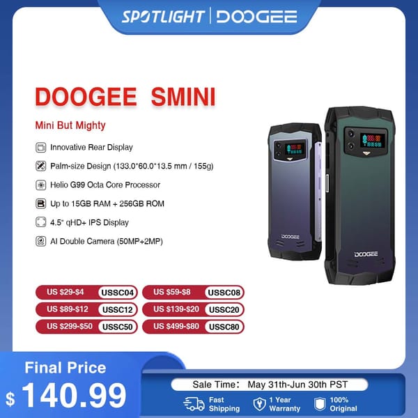 World Premiere DOOGEE Smini Rugged Phone 4.5” qHD Display 8GB+256GB Innovative Rear Display 3000mAh 18W Fast Charging Phone