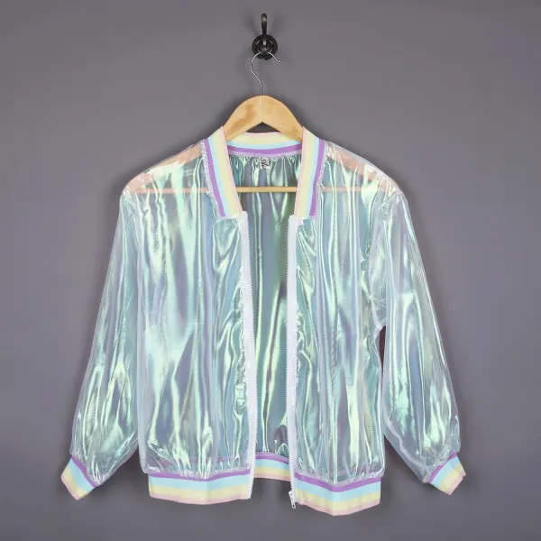 Women Iridescent Transparent Jacket Holographic Coat Laser Rainbow