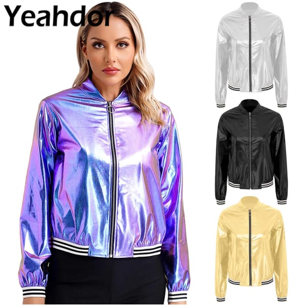 Women Shiny Coat Holographic Metallic Jacket Casual Long Sleeve Front Zipper Striped Band Outerwear Baseball Fashion Jacket Coat