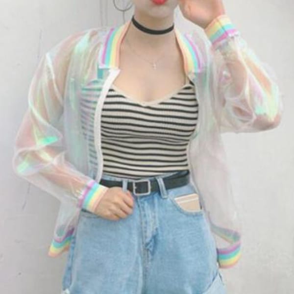 Women Iridescent Laser Transparent Coat Jacket Holographic Coat Rainbow Baseball Windbreaker Coats Woman Clothing