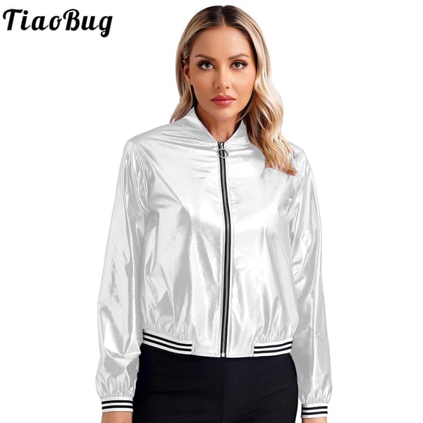 Women's Holographic Costumes Metallic Shiny Silver Bomber Jacket Long Sleeve Front Zipper Coat Carnival Rave Festival Outerwear