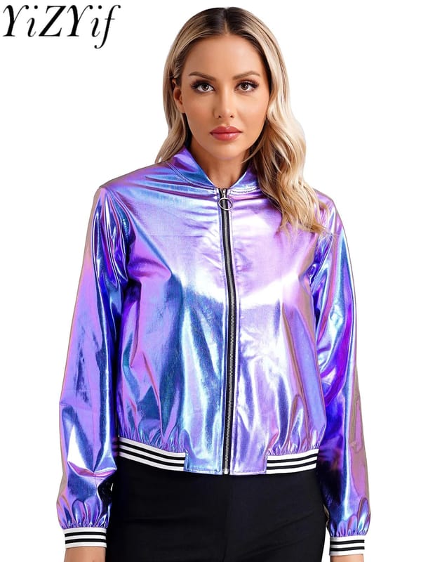 #S-3XL Womens Holographic Metallic Shiny Bomber Jacket Long Sleeve Front Zipper Striped Band Outerwear Baseball Jacket Coat