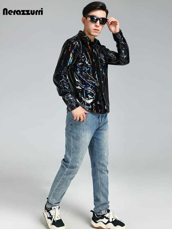 Nerazzurri Spring Autumn Cool Handsome Short Black Hologram Shiny Reflective Patent Faux Leather Shirt Men 2023 Leather Jacket