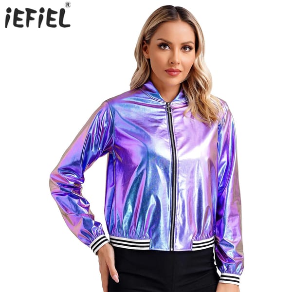 Womens Fashion Coat Holographic Metallic Shiny Bomber Jacket Long Sleeve Striped Band Outerwear Baseball Jacket Coat Streetwear