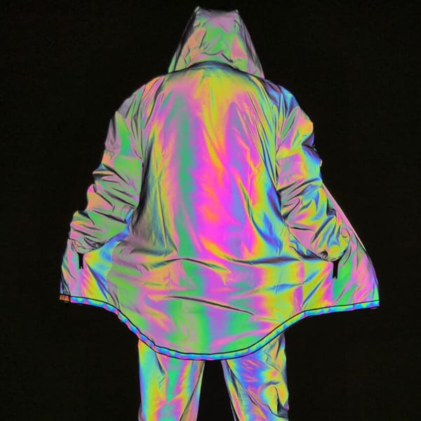 Holographic Men’s Geometric Reflective Rave Rainbow Long Jacket Reflect Light Casual Hooded Coat Outfit