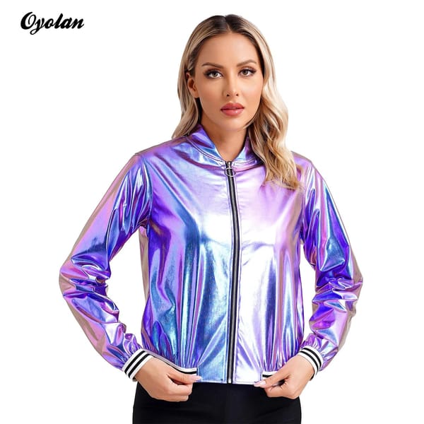 Womens Holographic Metallic Shiny Bomber Jacket Baseball Jacket Coat Long Sleeve Front Zipper Striped Band Outerwear